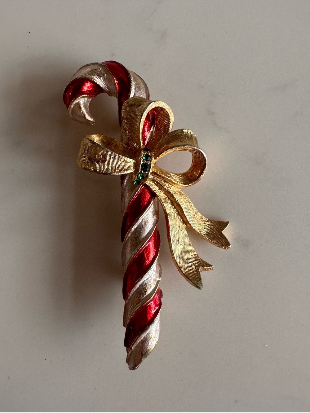Gold Bow CHRISTMAS Candy Cane Brooch - Red and White Holiday Pin